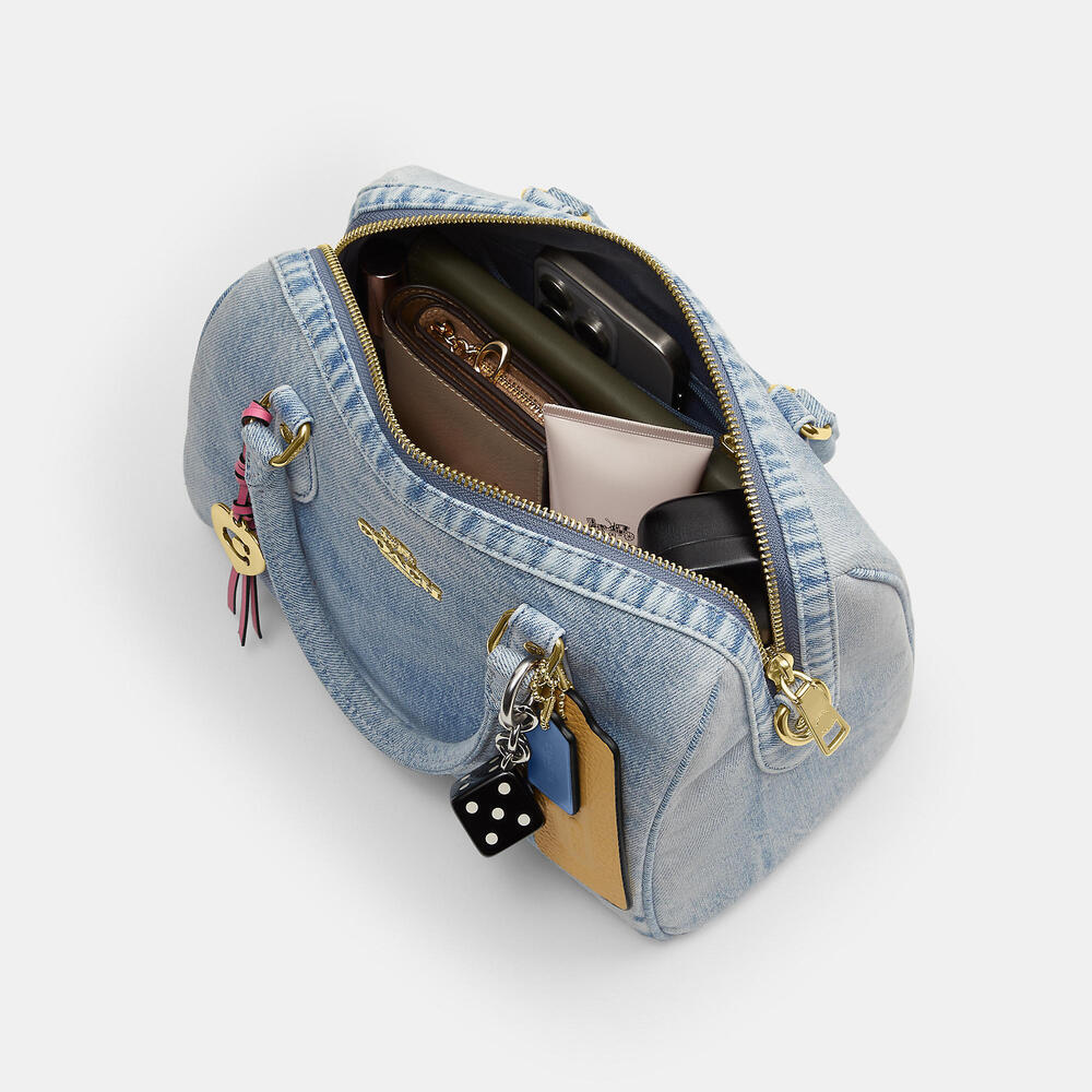 Rowan Satchel Bag In Loved Denim With Charms - Picture 2 of 3